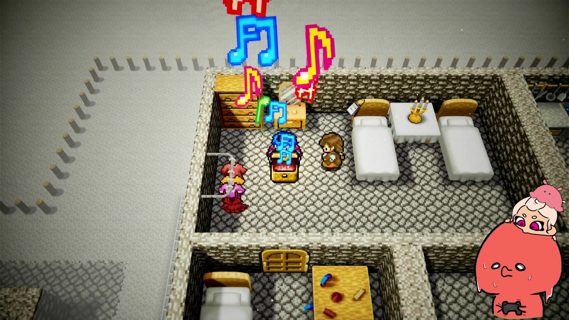 家族の待つ部屋でしあわせの箱を開き、色とりどりの音符があふれる配信画面