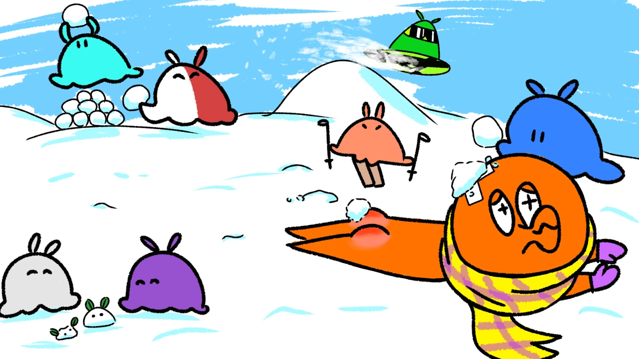 仲間たちと雪遊びをするおじタコ